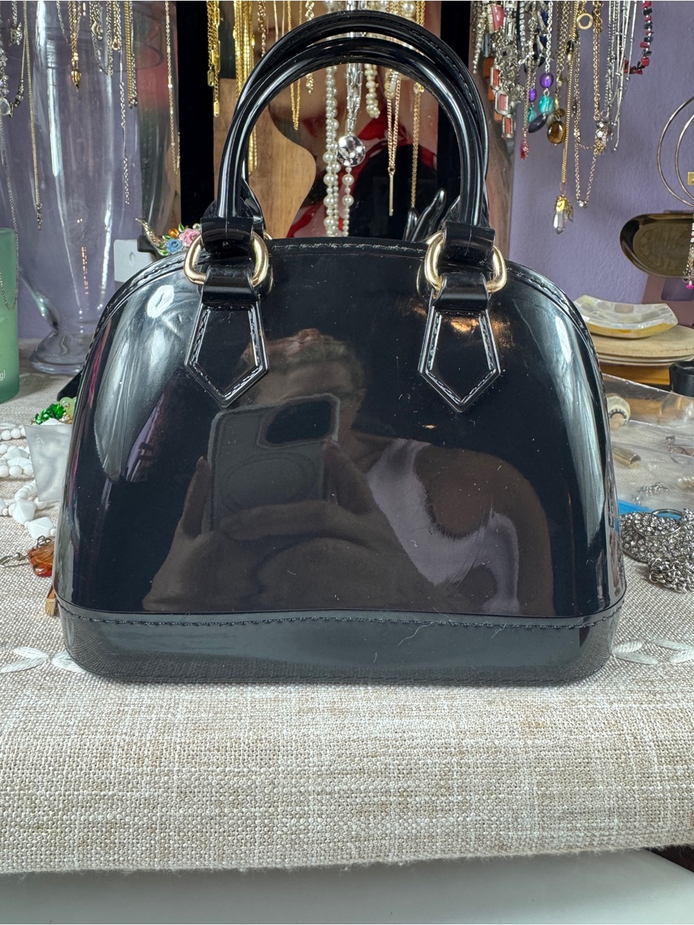 Black Patent Mini Satchel Handbag with Gold Hardware - Picture 5 of 11